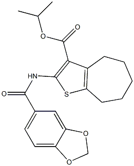 propan-2-yl 2-(1,3-benzodioxole-5-carbonylamino)-5,6,7,8-tetrahydro-4H-cyclohepta[b]thiophene-3-carboxylate 化学構造式