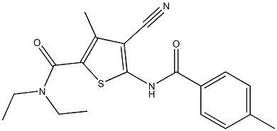 4-cyano-N,N-diethyl-3-methyl-5-[(4-methylbenzoyl)amino]thiophene-2-carboxamide Struktur
