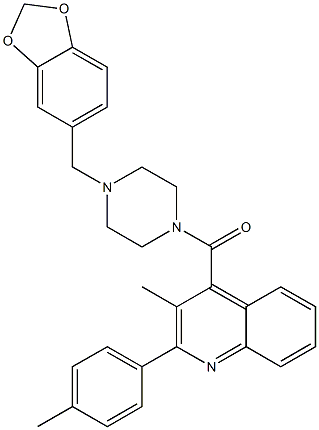 [4-(1,3-benzodioxol-5-ylmethyl)piperazin-1-yl]-[3-methyl-2-(4-methylphenyl)quinolin-4-yl]methanone 化学構造式