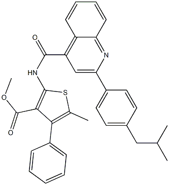 methyl 5-methyl-2-[[2-[4-(2-methylpropyl)phenyl]quinoline-4-carbonyl]amino]-4-phenylthiophene-3-carboxylate 化学構造式