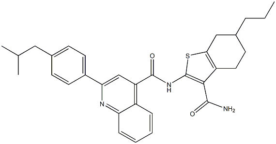 N-(3-carbamoyl-6-propyl-4,5,6,7-tetrahydro-1-benzothiophen-2-yl)-2-[4-(2-methylpropyl)phenyl]quinoline-4-carboxamide 化学構造式