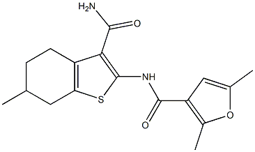 N-(3-carbamoyl-6-methyl-4,5,6,7-tetrahydro-1-benzothiophen-2-yl)-2,5-dimethylfuran-3-carboxamide,,结构式