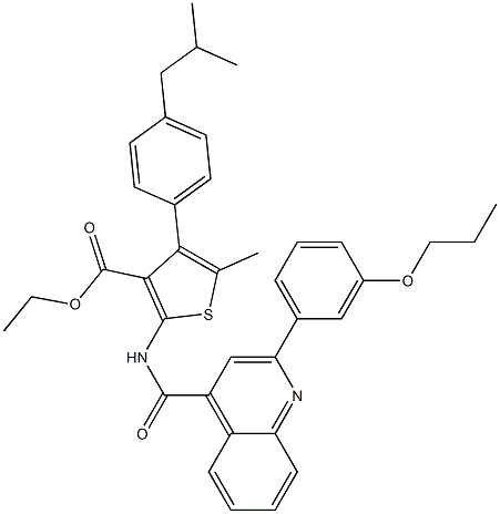 ethyl 5-methyl-4-[4-(2-methylpropyl)phenyl]-2-[[2-(3-propoxyphenyl)quinoline-4-carbonyl]amino]thiophene-3-carboxylate 化学構造式