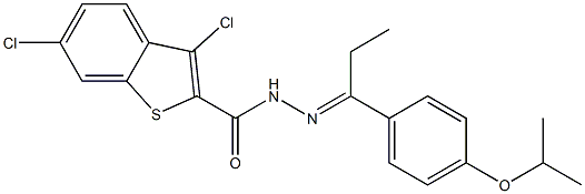 3,6-dichloro-N-[(E)-1-(4-propan-2-yloxyphenyl)propylideneamino]-1-benzothiophene-2-carboxamide 化学構造式