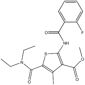 methyl 5-(diethylcarbamoyl)-2-[(2-fluorobenzoyl)amino]-4-methylthiophene-3-carboxylate 化学構造式