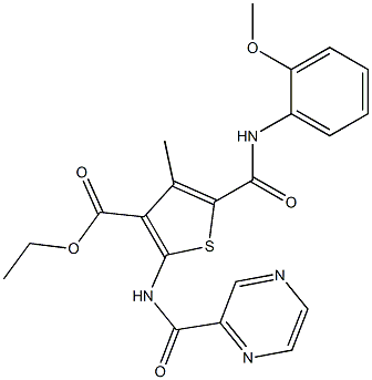 ethyl 5-[(2-methoxyphenyl)carbamoyl]-4-methyl-2-(pyrazine-2-carbonylamino)thiophene-3-carboxylate Structure