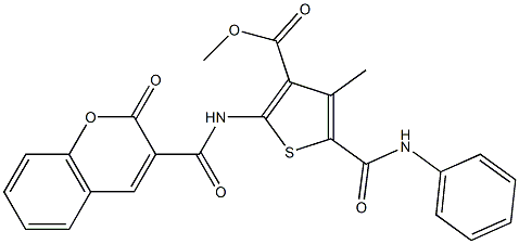 methyl 4-methyl-2-[(2-oxochromene-3-carbonyl)amino]-5-(phenylcarbamoyl)thiophene-3-carboxylate 化学構造式