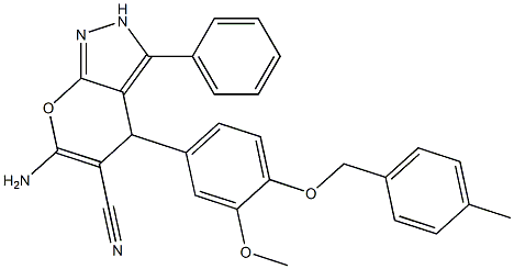 6-amino-4-[3-methoxy-4-[(4-methylphenyl)methoxy]phenyl]-3-phenyl-2,4-dihydropyrano[2,3-c]pyrazole-5-carbonitrile Struktur