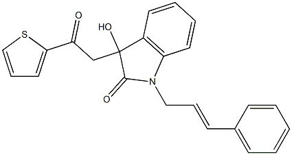 3-hydroxy-3-(2-oxo-2-thiophen-2-ylethyl)-1-[(E)-3-phenylprop-2-enyl]indol-2-one 化学構造式