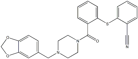 2-[2-[4-(1,3-benzodioxol-5-ylmethyl)piperazine-1-carbonyl]phenyl]sulfanylbenzonitrile Structure