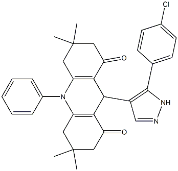 9-[5-(4-chlorophenyl)-1H-pyrazol-4-yl]-3,3,6,6-tetramethyl-10-phenyl-4,5,7,9-tetrahydro-2H-acridine-1,8-dione Struktur