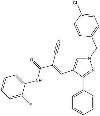 (E)-3-[1-[(4-chlorophenyl)methyl]-3-phenylpyrazol-4-yl]-2-cyano-N-(2-fluorophenyl)prop-2-enamide,,结构式