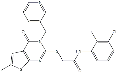 N-(3-chloro-2-methylphenyl)-2-[6-methyl-4-oxo-3-(pyridin-3-ylmethyl)thieno[2,3-d]pyrimidin-2-yl]sulfanylacetamide,,结构式