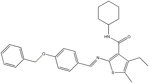 N-cyclohexyl-4-ethyl-5-methyl-2-[(E)-(4-phenylmethoxyphenyl)methylideneamino]thiophene-3-carboxamide 结构式