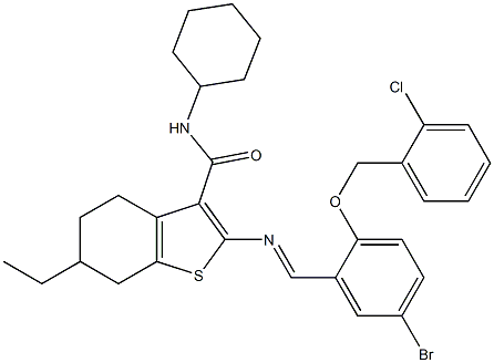 2-[(E)-[5-bromo-2-[(2-chlorophenyl)methoxy]phenyl]methylideneamino]-N-cyclohexyl-6-ethyl-4,5,6,7-tetrahydro-1-benzothiophene-3-carboxamide 化学構造式