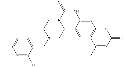 4-[(2-chloro-4-fluorophenyl)methyl]-N-(4-methyl-2-oxochromen-7-yl)piperazine-1-carbothioamide Struktur