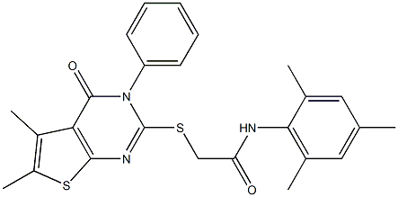 2-(5,6-dimethyl-4-oxo-3-phenylthieno[2,3-d]pyrimidin-2-yl)sulfanyl-N-(2,4,6-trimethylphenyl)acetamide 化学構造式