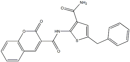 N-(5-benzyl-3-carbamoylthiophen-2-yl)-2-oxochromene-3-carboxamide,,结构式