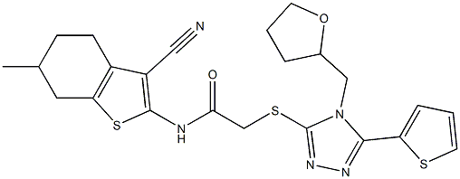 N-(3-cyano-6-methyl-4,5,6,7-tetrahydro-1-benzothiophen-2-yl)-2-[[4-(oxolan-2-ylmethyl)-5-thiophen-2-yl-1,2,4-triazol-3-yl]sulfanyl]acetamide Struktur