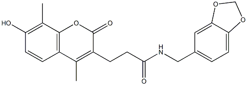 N-(1,3-benzodioxol-5-ylmethyl)-3-(7-hydroxy-4,8-dimethyl-2-oxochromen-3-yl)propanamide Struktur