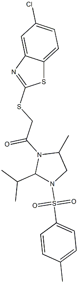 2-[(5-chloro-1,3-benzothiazol-2-yl)sulfanyl]-1-[5-methyl-3-(4-methylphenyl)sulfonyl-2-propan-2-ylimidazolidin-1-yl]ethanone 化学構造式