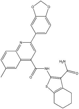 2-(1,3-benzodioxol-5-yl)-N-(3-carbamoyl-4,5,6,7-tetrahydro-1-benzothiophen-2-yl)-6-methylquinoline-4-carboxamide 化学構造式