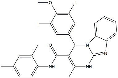 4-(3,5-diiodo-4-methoxyphenyl)-N-(2,4-dimethylphenyl)-2-methyl-1,4-dihydropyrimido[1,2-a]benzimidazole-3-carboxamide 化学構造式