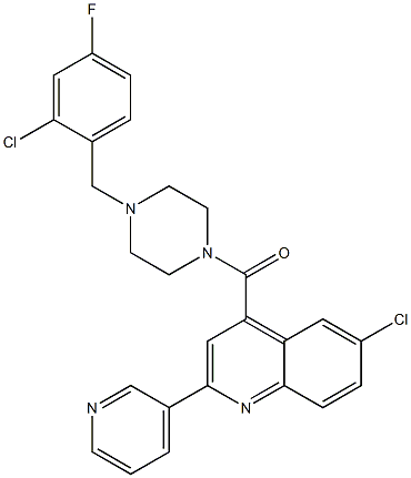 [4-[(2-chloro-4-fluorophenyl)methyl]piperazin-1-yl]-(6-chloro-2-pyridin-3-ylquinolin-4-yl)methanone Struktur