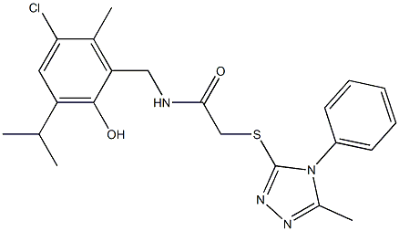 N-[(5-chloro-2-hydroxy-6-methyl-3-propan-2-ylphenyl)methyl]-2-[(5-methyl-4-phenyl-1,2,4-triazol-3-yl)sulfanyl]acetamide 结构式