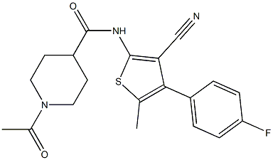 1-acetyl-N-[3-cyano-4-(4-fluorophenyl)-5-methylthiophen-2-yl]piperidine-4-carboxamide 化学構造式