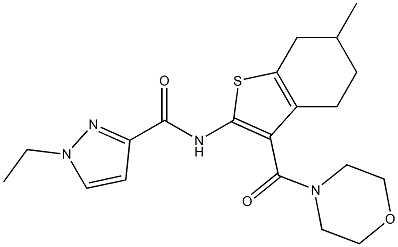 1-ethyl-N-[6-methyl-3-(morpholine-4-carbonyl)-4,5,6,7-tetrahydro-1-benzothiophen-2-yl]pyrazole-3-carboxamide 化学構造式