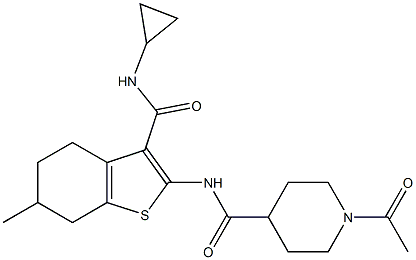 1-acetyl-N-[3-(cyclopropylcarbamoyl)-6-methyl-4,5,6,7-tetrahydro-1-benzothiophen-2-yl]piperidine-4-carboxamide 化学構造式