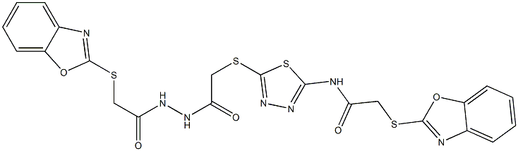 2-(1,3-benzoxazol-2-ylsulfanyl)-N-[5-[2-[2-[2-(1,3-benzoxazol-2-ylsulfanyl)acetyl]hydrazinyl]-2-oxoethyl]sulfanyl-1,3,4-thiadiazol-2-yl]acetamide Structure