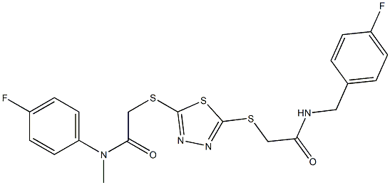 N-[(4-fluorophenyl)methyl]-2-[[5-[2-[(4-fluorophenyl)methylamino]-2-oxoethyl]sulfanyl-1,3,4-thiadiazol-2-yl]sulfanyl]acetamide 化学構造式