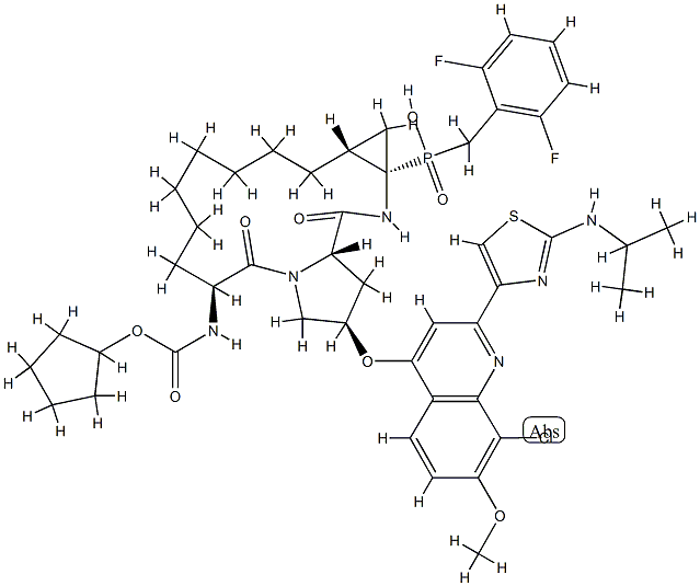 N-[(3S,11R,13S,16S,18R)-18-[[8-クロロ-7-メトキシ-2-[2-(イソプロピルアミノ)-4-チアゾリル]-4-キノリニル]オキシ]-13-[[(2,6-ジフルオロフェニル)メチル]ヒドロキシホスフィニル]-2,15-ジオキソ-1,14-ジアザトリシクロ[14.3.0.011,13]ノナデカン-3-イル]カルバミド酸シクロペンチル 化学構造式
