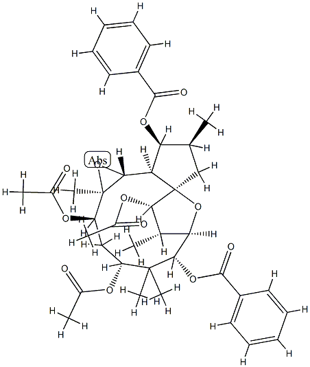 [1aR,2R,4R,6R,7R,8S,9S,9aR,11S,12S,12aR,12bR,(+)]-Tetradecahydro-1aβ,5,5,8,11α-pentamethyl-7,9a-epoxy-9aH-cyclopenta[3,4]cyclododeca[1,2-b]oxirene-2,4,6,9,12-pentol 2,4,9-triacetate 6,12-dibenzoate 结构式