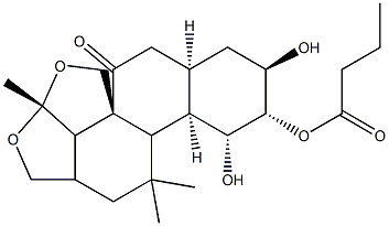 (3R,3aα,5aα,9aβ,11aα,12R)-3β,3bβ-(Epoxymethano)-4α,5α,12-trihydroxy-3a,3b,4,5,5a,6,7,8,9,9a,9bα,10,11,11a-tetradecahydro-6,6,9a-trimethylphenanthro[1,2-c]furan-1(3H)-one 4-butyrate Struktur