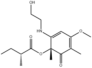 (R)-2-メチルブタン酸(1R)-2-[(2-ヒドロキシエチル)アミノ]-4-メトキシ-1,5-ジメチル-6-オキソ-2,4-シクロヘキサジエン-1α-イル 化学構造式