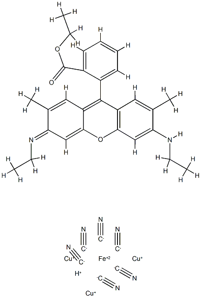tricopper(1+) hydrogen hexakis(cyano-C)ferrate(4-), compound with ethyl o-[6-(ethylamino)-3-(ethylimino)-2,7-dimethyl-3H-xanthen-9-yl]benzoate (1:1) 结构式