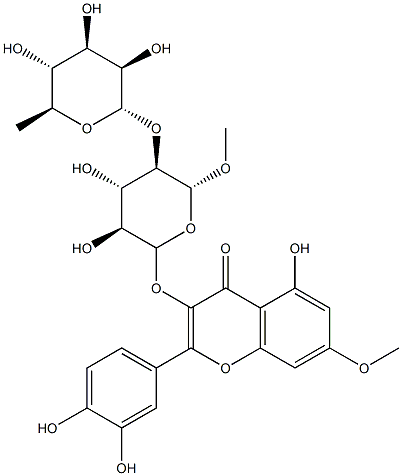 4H-1-Benzopyran-4-one, 3-((2-O-(6-deoxy-alpha-L-mannopyranosyl)-beta-D -glucopyranosyl)oxy)-2-(3,4-dihydroxyphenyl)-5-hydroxy-7-methoxy- Struktur