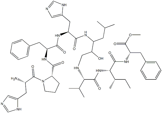 N-[3-[(L-His-L-Pro-L-Phe-L-His-)Amino]-2-hydroxy-5-methylhexyl]-L-Val-L-Ile-L-Phe-OMe Structure