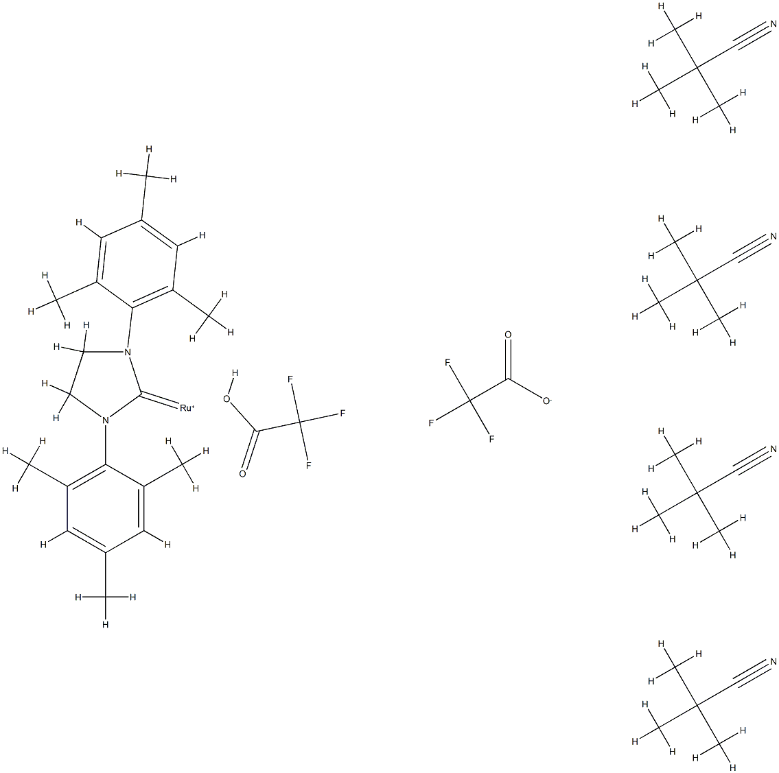 Trifluoroacetato[4,5-dihydro-1,3-bis(2,4,6-trimethylphenyl)imidazol-2-ylidene]<br />tetra(2,2-dimethylpropanenitrile)ruthenium(II) trifluoroacetate Struktur