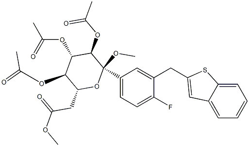 Methyl 2,3,4,6-tetra-O-acetyl-1-C-[3-(1-benzothien-2-ylmethyl)-4-fluorophenyl]-alpha-glucopyranoside 化学構造式