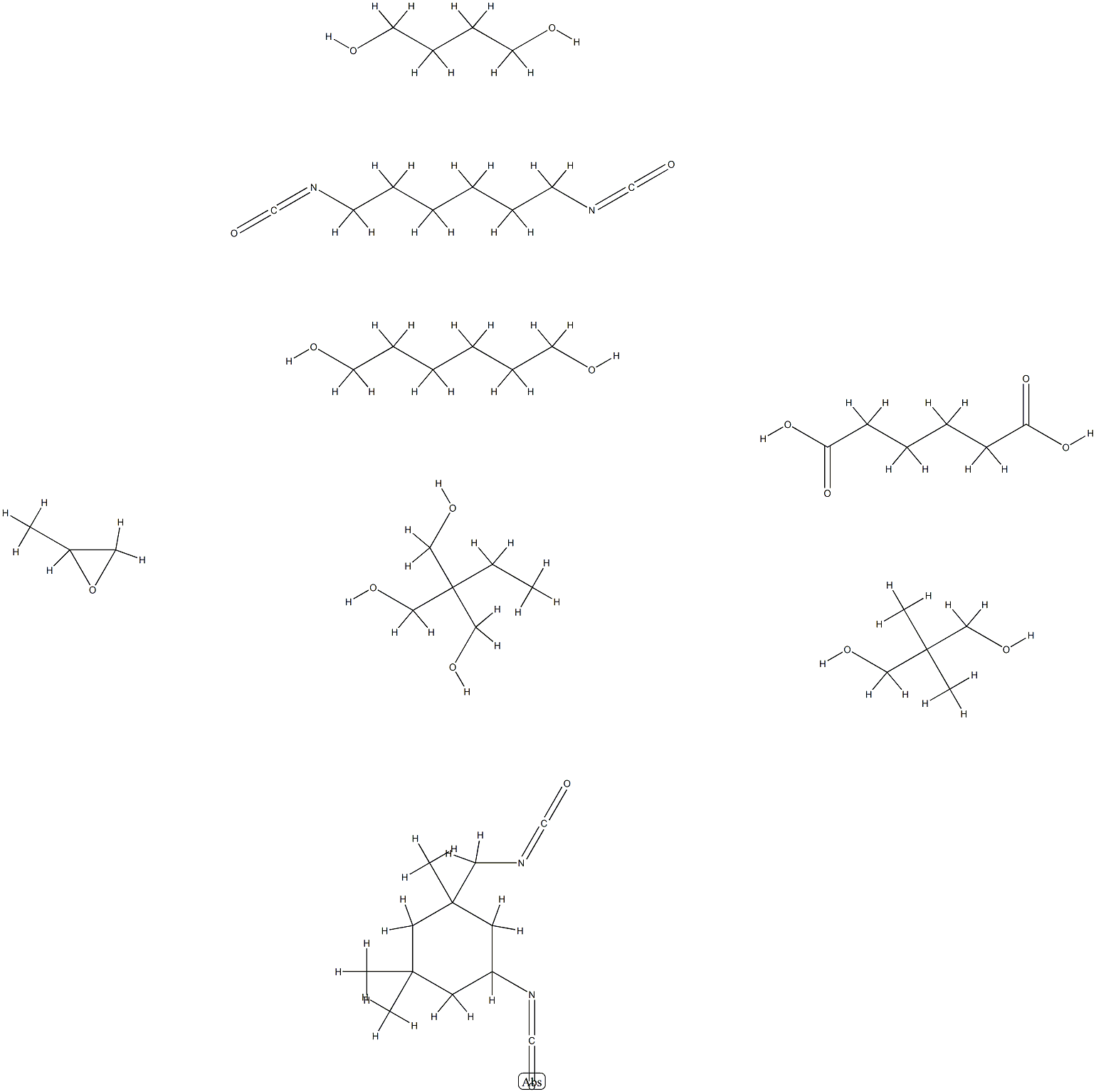 Hexanedioic acid, polymer with 1,4-butanediol, 1,6-diisocyanatohexane, 2,2-dimethyl-1,3-propanediol, 2-ethyl-2-(hydroxymethyl)-1,3-propanediol, 1,6-hexanediol, 5-isocyanato-1-(isocyanatomethyl) -1,3,3-trimethylcyclohexane and methyloxirane,103570-32-7,结构式