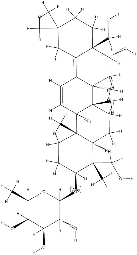 [16α,23,28-トリヒドロキシ-5α-オレアナ-11,13(18)-ジエン-3β-イル]6-デオキシ-β-D-ガラクトピラノシド 化学構造式