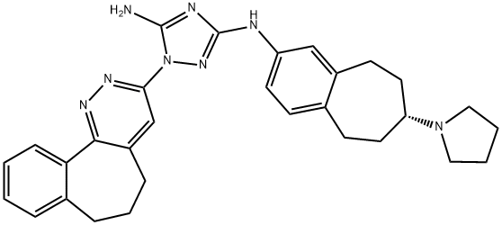 (R)-1-(6,7-Dihydro-5H-benzo[6,7]cyclohepta[1,2-c]pyridazin-3-yl)-N3-(7-(pyrrolidin-1-yl)-6,7,8,9-tetrahydro-5H-benzo[7]annulen-2-yl)-1H-1,2,4-triazole-3,5-diamine 化学構造式