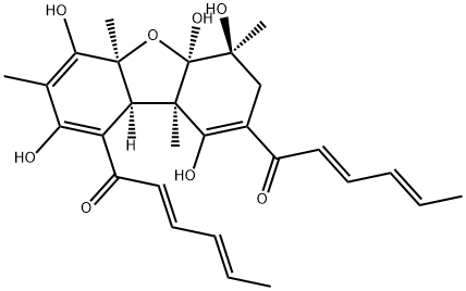 [1,1'-(4a,5a,6,7,9a,9b-Hexahydro-2,4,5a,6,9-pentahydroxy-3,4a,6,9a-tetramethyl-1,8-dibenzofurandiyl)bis(2,4-hexadien-1-one)] Struktur