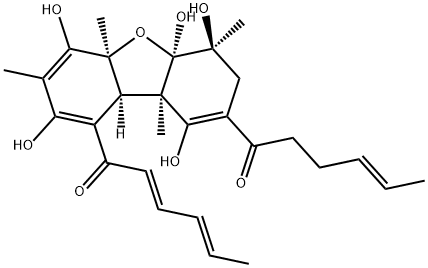 2',3'-Dihydro-[1,1'-(4a,5a,6,7,9a,9b-hexahydro-2,4,5a,6,9-pentahydroxy-3,4a,6,9a-tetramethyl-1,8-dibenzofurandiyl)bis(2,4-hexadien-1-one)] Structure