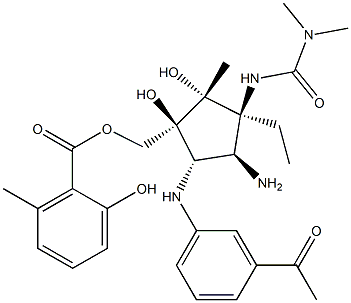 2-Hydroxy-6-methylbenzoic acid [(1S)-5α-[(3-acetylphenyl)amino]-4β-amino-3β-[[(dimethylamino)carbonyl]amino]-3α-ethyl-1β,2α-dihydroxy-2β-methylcyclopentyl]methyl ester,104820-96-4,结构式