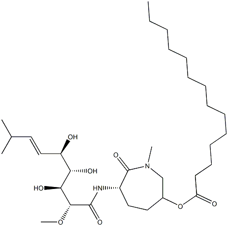 (2R,3R,4S,5R,6E)-3,4,5-トリヒドロキシ-2-メトキシ-8-メチル-N-[[(3S)-ヘキサヒドロ-1-メチル-2-オキソ-6α-(テトラデカノイルオキシ)-1H-アゼピン]-3β-イル]-6-ノネンアミド 化学構造式